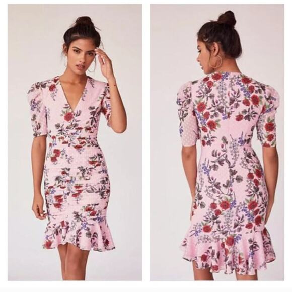 Keepsake the Label Pink Floral Ruched Puff Sleeve Ruffle Trim Mini Dress - Picture 2 of 8